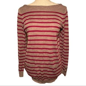 LOFT Striped Patch Pocket Tunic Sweater size medium grey burgundy boatneck Cozy